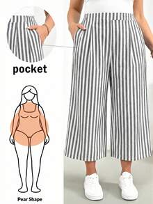 Shapeblank Quần ống rộng kẻ sọc màu xám (dáng lửng) dành cho nữ cỡ lớn, thời trang xuân hè, dáng rộng thoải mái, cơ bản, đa năng, tôn dáng, cạp chun, kiểu dáng đơn giản, quần nữ, quần rộng, trang phục mùa hè, trang phục đi nghỉ mát cho nữ. - Xám - Xem 1