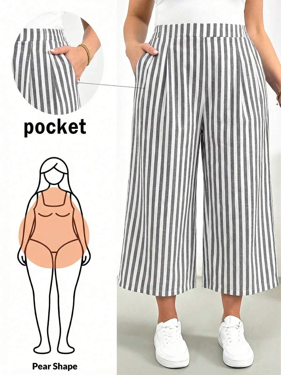 Shapeblank Quần ống rộng kẻ sọc màu xám (dáng lửng) dành cho nữ cỡ lớn, thời trang xuân hè, dáng rộng thoải mái, cơ bản, đa năng, tôn dáng, cạp chun, kiểu dáng đơn giản, quần nữ, quần rộng, trang phục mùa hè, trang phục đi nghỉ mát cho nữ. - Xám - Xem 1