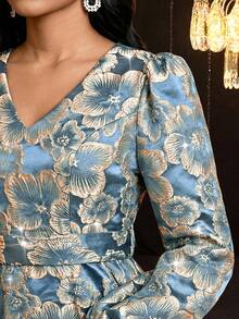 SHEIN Lady Women's V-Neck Jacquard Elegant Waist Cinching Midi Party Dress - Blue - View 4