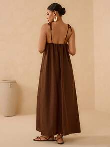 Vesra Vestido de tirantes finos sin espalda de unicolor casual para vacaciones - Marrón Mocha - Ver 2