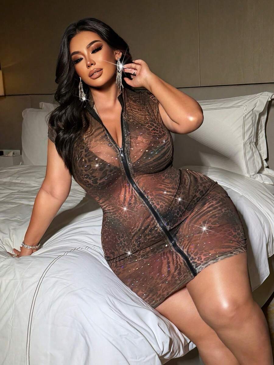 NU&NOW Sexy Leopard Print Sequin Zipper High Stretch Mesh Dress, Suitable For Dates, Parties, Music Festivals, Beach, Island - Brown - View 1