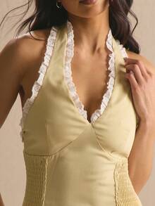 MUSERA V领荷叶边下摆收腰系带上衣，春夏舒适可爱日常少女风度假阳光社交节日 - 黃色 - 查看 2