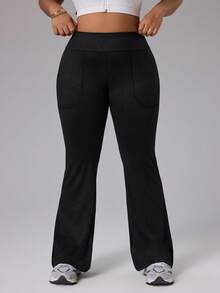 Rhythm Era Plus Size Women Solid High Waist Pockets Flared Sports Leggings - Black - View 7