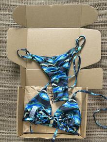 Swim Mod Women's Random Print Beaded Necklace Bikini Set, Spring/Summer - Multicolor - View 2