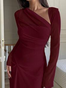 Ronhire 女士纯色网眼拼布简约长款优雅连衣裙 - 酒紅色 - 查看 3