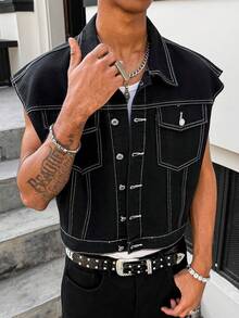 Manfinity EMRG Men's Mature Casual Street Life Line Design Black Washed Jacket - Black - View 7