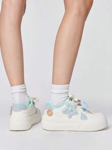 ROMWE Kawaii 女士粉色蝴蝶结系带休闲软底轻便跑步鞋，玛丽珍小皮鞋，甜美风格运动鞋 - 藍色格子 - 查看 5