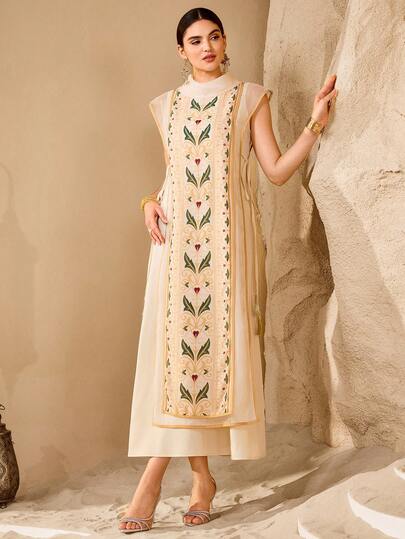 Al Najma Women's Floral Print Mandarin Collar Cap Sleeve Elegant Arabic Style Dress