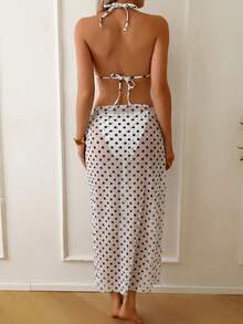 Bonvoyette Bộ bikini 3 món thời trang nữ họa tiết chấm bi đen trắng kèm váy xếp ly, thích hợp cho mùa xuân/hè. - trắng - Xem 2