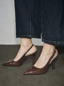 Bholvia Women's Pointed Toe Kitten Heel, Elegant, Patent Leather, Brown Slingback, Office Spring Shoes Summer Shoes - Chocolate Brown - View 3