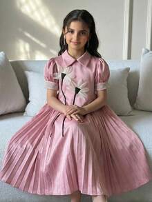 SHEIN Tween Girl Elegant Short Sleeve A-Line Dress Girl Pink Dress Elegant Pink Dress Pink 3D Flower Deco Dress Modest Girl Dress Girl Puff Sleeve Dress - Mauve Purple - View 8