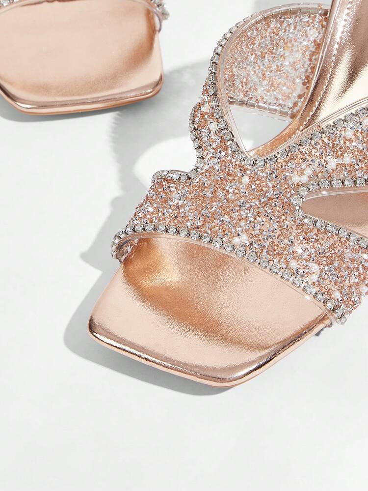 CUCCOO TILAWA Women Shoes Square Toe Slender Heel Champagne Transparent Film Rhinestones Sexy Fashion Elegant Gorgeous Women's High Heel Sandals Slippers With Skirts Daily Versatile Banquet Party Women's Sandals
