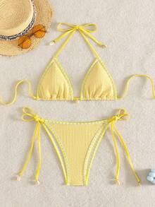 Swim Mod 度假沙滩撞色镶边比基尼套装 系带比基尼 贝壳比基尼 度假比基尼 日光浴比基尼 黄色比基尼 三角比基尼 比基尼款式 女士比基尼套装 女士沙滩装 女士泳衣 女士泳装 - 淡黃色 - 查看 3
