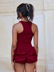 Mima John Women's Retro Chic Solid Color Minimalist Sleeveless Jumpsuit, Everyday Wear - Burgundy - View 2