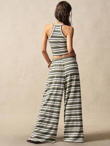 Bohemela 两件套 女士休闲条纹针织修身背心和阔腿宽松腰裤 - 綠色 - 查看 8
