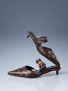 CUCCOO GRLICON Black Patent Leather Pointed Eyelet Kitten Heel Empty Lady Shoes - Brown - View 5