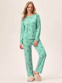 Loomlin Bộ đồ ngủ nữ bằng cotton 2 mảnh kẻ sọc và họa tiết đen trắng, kiểu dáng dễ thương. - màu xanh lá - Xem 4