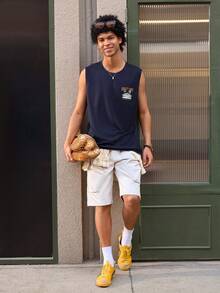 Open Phase Coastal | Men's Lightweight Summer Vacation Palm Tree Letter Print Crew Neck Casual Tank Top - Navy Blue - View 8