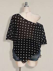 SHEIN ICON 大码女式黑白波点不对称网纱上衣 - 黑與白 - 查看 2