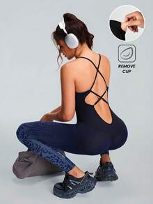 Innovista Seamless Women Navy Leopard Stripes Gradient Sport Jumpsuit,Removable Cups Asymmetric Back Straps Mesh Yoga Jumpsuit,Summer Sexy Gym Workout Jumpsuit - Blue - View 5