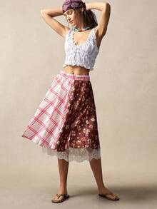 Bohemela 女士夏季休闲度假浪漫优雅法式海滩波西米亚乡村音乐节图案拼接蕾丝细节褶裥A字不规则下摆中长裙，适合海滩、夏季度假 - 彩色 - 查看 6