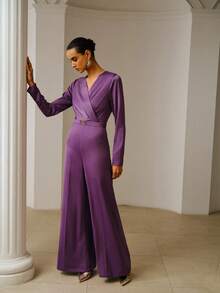 ZEYLAH Long Sleeve Satin Jumpsuit With Detachable Belt, Spring/Summer - Purple - View 6