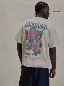 Short Sleeve Dropped Shoulder Oversized Crew Neck "UNBOUND MUSERO" Graphic Print Tshirt Spring Summer Essentials - Apricot - View 2
