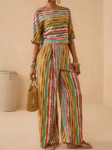 Vesra Conjunto de 2 piezas de top de manga de murciélago a rayas de estilo vacacional colorido + pantalones de pierna ancha a juego - Multicolor - Ver 7