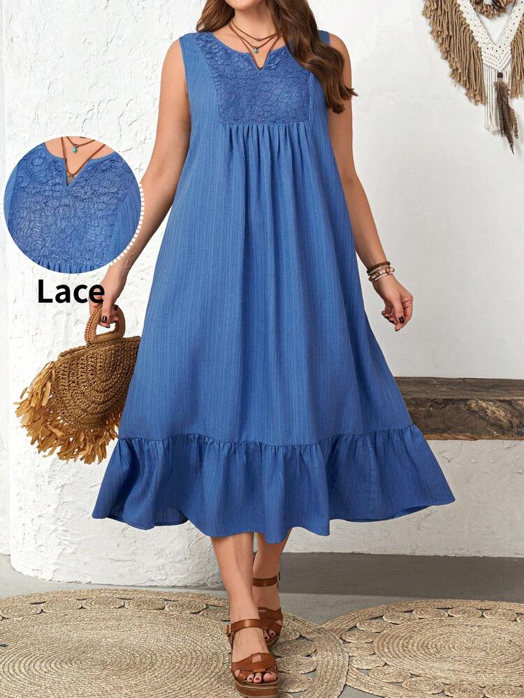 Plus Size Casual Lace Patchwork Sleeveless Dress Women's Summer Dresses Blue Dress Women Casual Dresses Summer Outfits For Women Beach Outfit For Women Casual Vacation Outfits Women Country Concert Outfit Peplum