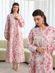 Al Najma Vestido holgado con estampado floral elegante, cuello calado y encaje degradado, estilo vacacional - Multicolor - Ver 4