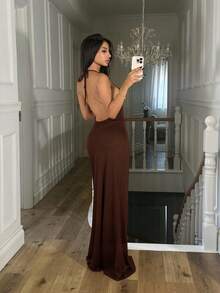 Ronhire Solid Color Knit Halter Backless Dress For Women, Sexy Christmas Outfit, Women's New Year's Eve Clothes, Thanksgiving Outfit, Elegant Party Dress, Graduation, Prom, Luxury Evening,Dresses For Women Elegant,New Year Dress ,Elegant Party Dresses,Party Dresses For Women,Dresses For Women Party - Brown - View 2