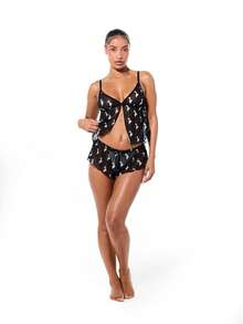 BABYPHAT All Over Logo Print Mesh Babydoll Lingerie Set - Black - View 7
