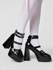 ROMWE 2026 New Fashion Spring/Autumn Punk Style Dark PU Round Toe Thick Heel Sandals, Women Super High Heel Waterproof Platform Rivet Criss-Cross Strap Butterfly Buckle One-Strap Dress Shoes, Thick Sole Rebellious Subculture Pumps - Black - View 1