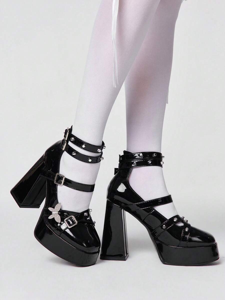 ROMWE 2026 New Fashion Spring/Autumn Punk Style Dark PU Round Toe Thick Heel Sandals, Women Super High Heel Waterproof Platform Rivet Criss-Cross Strap Butterfly Buckle One-Strap Dress Shoes, Thick Sole Rebellious Subculture Pumps - Black - View 1