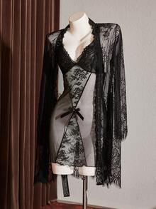 Slumberist 两件套性感网纱撞色蕾丝蝴蝶结吊带睡裙和睡袍套装 - 黑色 - 查看 4