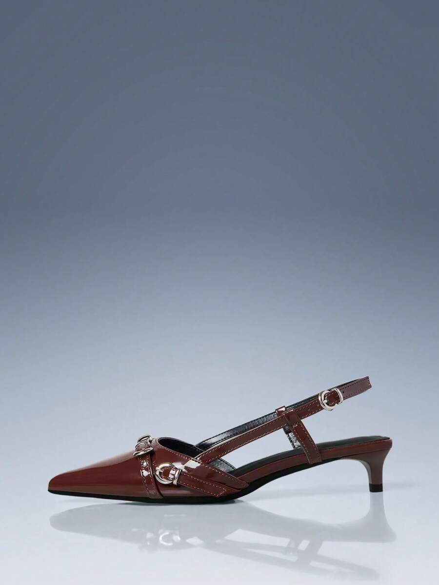CUCCOO GRLICON Burgundy Patent Leather Pointed Back Empty Metal Ring Buckle Kitten Heel Women's Shoes - Brown - View 1