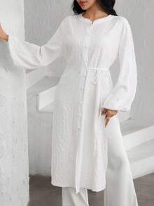 Graceveil 法式浪漫提花侧系带长袖优雅甜美开衫衬衫裙 - 白色 - 查看 7