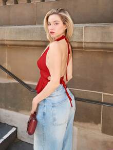 Turnttoni Women's Pleated Halter Neckline Waist-Tied Backless Tank Top - Burgundy - View 6