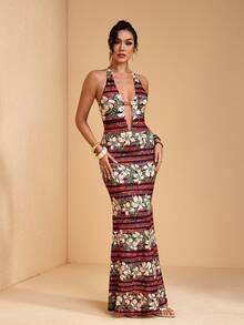 JIAN LASALA 多色热带花卉印花露背系带深V露背修身女士长裙度假 - 彩色 - 查看 5