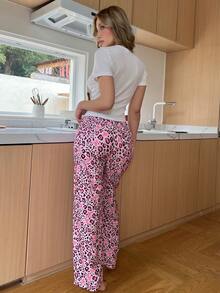 SHEIN 泡泡褶皱豹纹长裤和罗纹短袖上衣女士睡衣性感家居服套装 - 粉色 - 查看 3