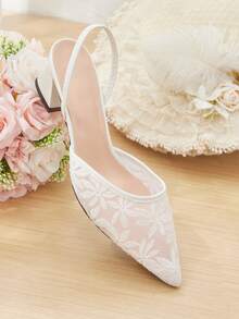 CUCCOO HITCHD 女士时尚优雅通勤刺绣网眼尖头高跟鞋 - 白色 - 查看 13