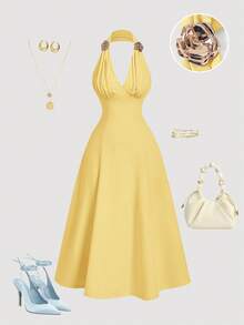 MOD Vestido de mujer de longitud media sin mangas con decoración floral 3D metálica para vacaciones - amarillo ganso - Ver 3
