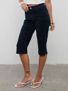 COUREZ Low Rise Denim Capris In Dark Wash /Y2K Spring Clothes For Women Sexy Cute Black Going Out Outfits Casual Summer Trousers Summer Pants - Black - View 6