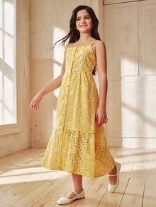 Anewsta Tween GirlsSleeveless Hollow-Out Slit Elegant Fashionable Versatile Yellow Dress - Yellow - View 4