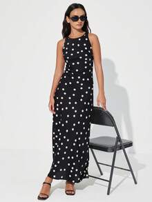 Aveloria Modichic Đầm maxi dáng chữ A không tay, cổ tròn, tối giản, thanh lịch, bất đối xứng, họa tiết chấm bi ngẫu nhiên, chất liệu vải acetate bóng mượt, kiểu dáng tinh tế, đa năng, phù hợp cho công sở, mang phong cách vintage Pháp sang trọng dành cho nữ. - màu đen - Xem 5