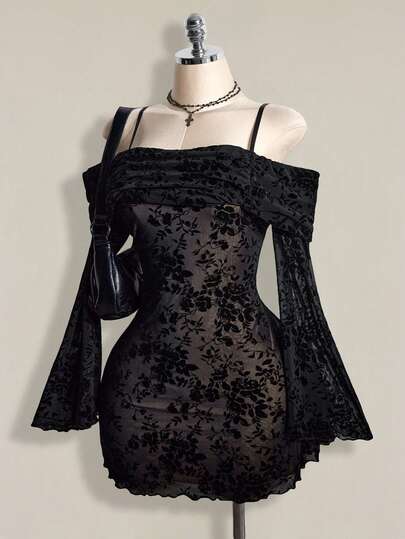 SHEIN ICON Vestido mini de mujer de talla grande con malla y estampado flockado