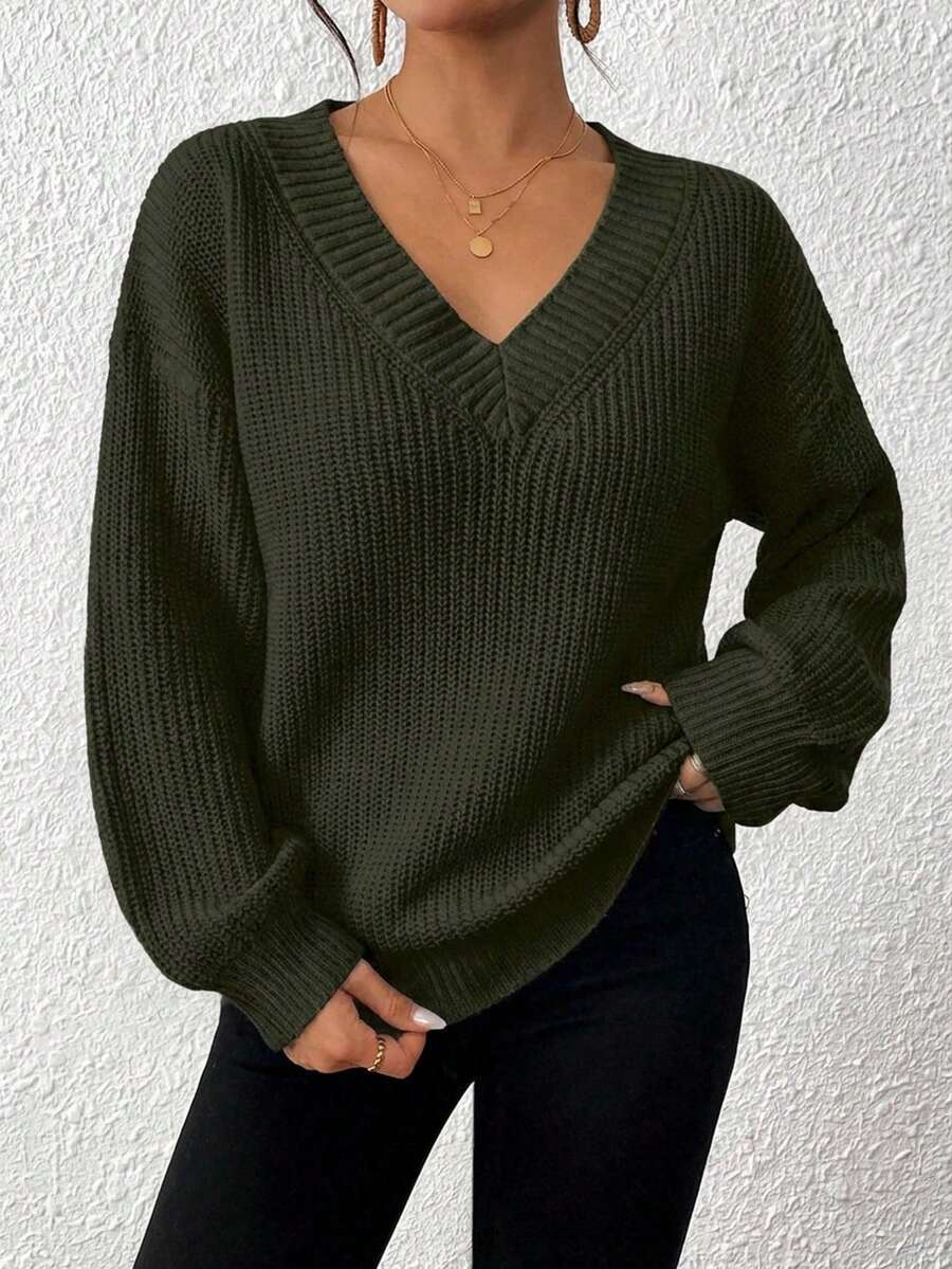 EURMUSE 女式纯色宽松V领长袖毛衣 - 軍綠色 - 查看 1