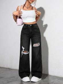 EURMUSE Washed Denim Blue High Waist Ripped Wide Leg Jeans - Black - View 3