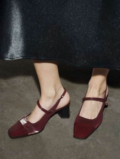 春季新款复古方头法式高跟凉鞋，2025 夏季新款性感优雅玛丽珍鞋，粗跟露背亮面皮革钩环休闲/伴娘高跟鞋