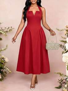 SHEIN Lady Vestito midi da donna con laccio al collo di colore rosso - Rosso - Visualizzare 6